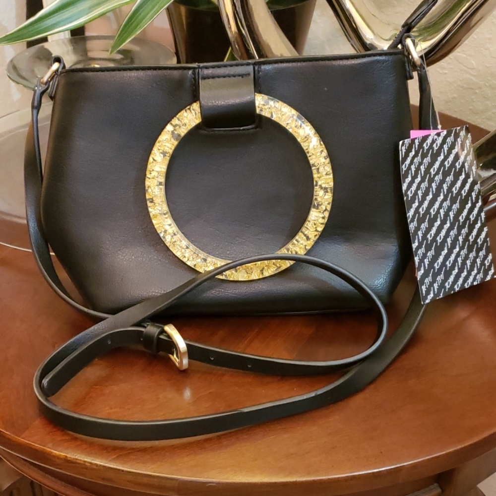 Betsey Johnson black top zip bag w/ lucite rings - Picture 3 of 6